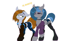 Size: 1920x1080 | Tagged: safe, artist:kpvt, derpibooru import, oc, oc:homage, oc:littlepip, pony, unicorn, fallout equestria, alternate design, boots, chest fluff, clothes, cyberpunk, ear piercing, female, garters, horn, jacket, jeans, lesbian, lip piercing, makeup, oc x oc, one ear down, pants, piercing, pipmage, shipping, shoes, shorts, simple background, small horn, solo, sticker, stockings, thigh highs, transparent background