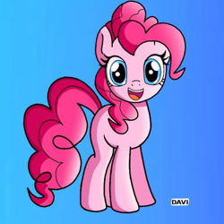 Size: 719x719 | Tagged: safe, artist:davisonic1, derpibooru import, pinkie pie, earth pony, pony, g4, blue background, cute, female, full body, hooves, looking at you, mare, open mouth, open smile, signature, simple background, smiling, smiling at you, solo, standing, tail