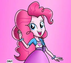 Size: 811x720 | Tagged: safe, artist:davisonic1, derpibooru import, pinkie pie, equestria girls, cute, looking at you, open mouth, open smile, pink background, simple background, smiling, smiling at you, vector, waving