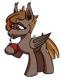 Size: 960x1207 | Tagged: safe, artist:hiddenfaithy, derpibooru import, oc, oc only, oc:umber, bat pony, commission, drinking, drinking straw, ear fluff, ears, food, fruit, simple background, tomato, transparent background, wings