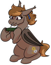 Size: 939x1189 | Tagged: safe, artist:hiddenfaithy, derpibooru import, oc, oc only, oc:umber, bat pony, commission, cucumber, drinking, drinking straw, food, holding, ponytail, simple background, transparent background