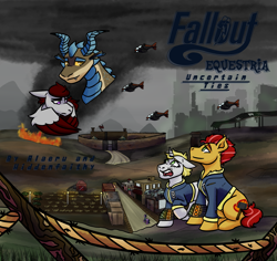 Size: 2000x1889 | Tagged: safe, artist:hiddenfaithy, derpibooru import, oc, oc only, oc:blaze, oc:comet, oc:misty sparks, oc:skyfire, dragon, earth pony, pegasus, pony, unicorn, fallout equestria, camp, city, cityscape, cover art, fallout equestria: uncertain ties, fanfic art, farm, fence, fimfiction.net link, fire, pipbuck, redraw, rope, ruins, shock, smoke, town, vertibuck