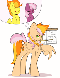 Size: 1700x2190 | Tagged: safe, artist:pledus, derpibooru import, cheerilee, spitfire, oc, oc:learning curve, earth pony, pegasus, pony, baton, board, clipboard, commissioner:bigonionbean, cutie mark, dialogue, female, flying, fusion, fusion:learning curve, high res, letter, mare, paper, simple background, thought bubble, white background, writer:bigonionbean, writing