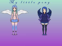 Size: 800x600 | Tagged: safe, artist:blue-marin, derpibooru import, princess celestia, princess luna, human, breasts, clothes, duo, humanized, kisekae, shirt, shoes, skirt, socks, solo, wings