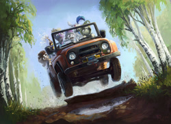 Size: 2000x1446 | Tagged: safe, artist:nemo2d, derpibooru import, oc, oc only, pony, car, driving, tree, uaz, uaz 469, vehicle