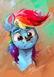 Size: 3770x5353 | Tagged: safe, artist:rigbyh00ves, derpibooru import, rainbow dash, butterfly, pegasus, pony, abstract background, bust, butterfly on nose, female, insect on nose, mare, portrait, solo
