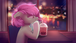 Size: 2725x1549 | Tagged: safe, artist:raily, derpibooru import, earth pony, pony, bubble tea, cafe, city, night, solo, table, window