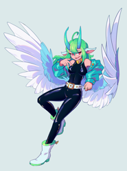 Size: 2964x4000 | Tagged: safe, anonymous artist, derpibooru import, oc, oc:shanher, anthro, dragon, human, belt, boots, dragoness, female, latex, latex suit, shoes, solo, spread wings, wings