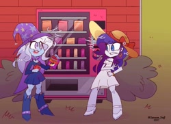 Size: 1024x740 | Tagged: safe, artist:opossum-stuff, derpibooru import, rarity, trixie, equestria girls, cheeto dust, cheetos, clothes, dress, duo, female, flamin' hot cheetos, hat, sun hat, vending machine