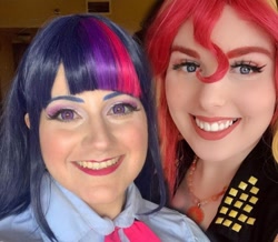 Size: 930x810 | Tagged: safe, artist:maddymoiselle, artist:sarahndipity cosplay, derpibooru import, sunset shimmer, twilight sparkle, human, better together, equestria girls, clothes, cosplay, costume, everfree northwest, everfree northwest 2019, irl, irl human, photo