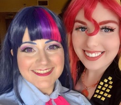 Size: 930x810 | Tagged: safe, artist:maddymoiselle, artist:sarahndipity cosplay, derpibooru import, sunset shimmer, twilight sparkle, human, equestria girls, equestria girls series, clothes, cosplay, costume, everfree northwest, everfree northwest 2019, irl, irl human, photo