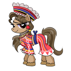 Size: 4000x4000 | Tagged: safe, artist:wenraz, derpibooru exclusive, derpibooru import, oc, oc only, oc:reyna, earth pony, pony, belt, clothes, ear piercing, earring, female, filipino, hat, jewelry, mare, midriff, necklace, philippines, piercing, shirt, simple background, skirt, solo, transparent background, unshorn fetlocks