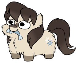 Size: 1150x950 | Tagged: safe, alternate version, artist:a0iisa, oc, oc only, oc:frosty flakes, fish, pony, blaze (coat marking), brown mane, coat markings, female, flat colors, mare, mouth hold, simple background, snowpony (species), socks (coat marking), solo, squatpony, taiga pony, transparent background