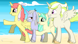 Size: 1920x1080 | Tagged: safe, oc, oc:alabaster shine, oc:ivory charm, oc:nafasi nyingine, oc:stellar sunshine, alicorn, zebracorn, alicorn oc, beach, family photo, fanfic art, female, half-siblings, male, ocean, parent:princess celestia, pony maker, siblings, sky, smiling, unamused, zebracorn oc