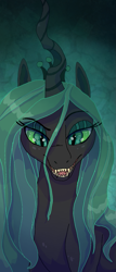 Size: 619x1440 | Tagged: safe, artist:shaslan, derpibooru import, queen chrysalis, changeling, changeling queen, bust, female, looking at you, open mouth, open smile, portrait, sharp teeth, simple background, smiling, solo