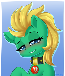 Size: 889x1035 | Tagged: safe, artist:bumpywish, derpibooru import, oc, oc only, oc:professor sugarcube, earth pony, pony, bedroom eyes, blushing, bust, collar, commission, digital art, female, looking at you, portrait, solo