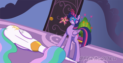 Size: 2463x1262 | Tagged: safe, artist:feralroku, derpibooru import, princess celestia, twilight sparkle, twilight sparkle (alicorn), alicorn, alien, pony, behind, burned horn, celestia's bedroom, commission, crossover, dc comics, defeated, evil grin, folded wings, glowing, glowing horn, grin, horn, lying down, magic, mind control, parasite, possessed, smiling, starro, telekinesis, wings