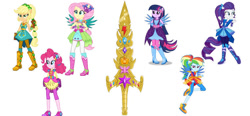 Size: 862x400 | Tagged: safe, artist:kamenriderpegasus, artist:limedazzle, artist:mixiepie, derpibooru import, editor:amadondawn, applejack, fluttershy, pinkie pie, rainbow dash, rarity, sci-twi, twilight sparkle, equestria girls, crystal guardian, humane five, humane six, ponied up, simple background, solo, sword, weapon, white background