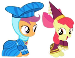 Size: 720x560 | Tagged: safe, artist:darlycatmake, derpibooru import, edit, edited screencap, screencap, apple bloom, scootaloo, earth pony, pegasus, pony, for whom the sweetie belle toils, background removed, big smile, clothes, dress, dressup, duo, duo female, excited, female, filly, foal, getting dressed, happy, hennin, lesbian, looking at each other, looking at someone, mare, proud, scootabloom, shipping, simple background, sitting, smiling, smiling at each other, transparent background