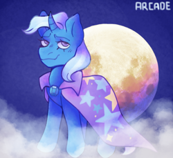 Size: 640x586 | Tagged: safe, artist:mydoomvirus, derpibooru import, trixie, cape, clothes, fog, lidded eyes, moon, smiling, trixie's cape