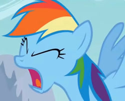 Size: 473x380 | Tagged: safe, derpibooru import, screencap, rainbow dash, pegasus, pony, season 1, sonic rainboom (episode), eyes closed, female, frown, louder, mare, multicolored hair, open mouth, screaming, solo, spread wings, wings, youtube link