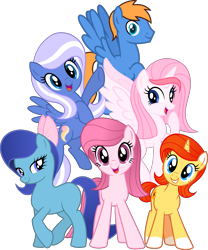 Size: 1615x1943 | Tagged: safe, artist:guruyunus17, derpibooru import, oc, oc only, oc:annisa trihapsari, oc:bluelight, oc:rozyfly, oc:starnight, oc:strawberries, oc:sunflower, alicorn, earth pony, pegasus, pony, unicorn, series:the legend of tenderheart, alicorn oc, base used, bow, earth pony oc, female, grin, gritted teeth, group, hair bow, happy, horn, looking at you, male, mare, medibang paint, open mouth, pegasus oc, simple background, smiling, smiling at you, stallion, transparent background, unicorn oc, wings
