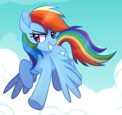 Size: 923x871 | Tagged: safe, artist:oddysies, derpibooru import, rainbow dash, pegasus, pony, cloud, female, flying, mare, sky, smiling, solo, spread wings, wings