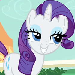 Size: 666x666 | Tagged: safe, derpibooru import, edit, edited screencap, screencap, rarity, pony, unicorn, season 1, the best night ever, creepy, cropped, day, female, grin, lidded eyes, mare, outdoors, purple coiffure, scary, smiling, solo