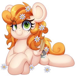 Size: 894x894 | Tagged: safe, artist:partylikeanartist, derpibooru import, oc, oc only, oc:megan rouge, earth pony, pony, eye clipping through hair, flower, flower in hair, freckles, looking at you, lying down, prone, simple background, smiling, solo, white background