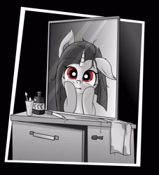 Size: 1957x2160 | Tagged: artist needed, safe, derpibooru import, oc, oc only, pony, unicorn, grayscale, mirror, monochrome, one ear down, partial color, solo