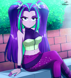 Size: 2680x2929 | Tagged: safe, artist:the-butch-x, derpibooru import, aria blaze, equestria girls, bare shoulders, belly button, breasts, bush, clothes, crossed legs, eye clipping through hair, eyebrows, eyebrows visible through hair, female, frown, high res, lidded eyes, midriff, pigtails, resting bitch face, sitting, sleeveless, solo, twintails, wall