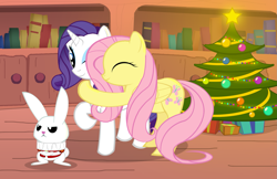 Size: 1669x1080 | Tagged: safe, artist:gign-3208, derpibooru import, angel bunny, fluttershy, rarity, pegasus, pony, rabbit, unicorn, animal, christmas, christmas tree, holiday, hug, present, tree