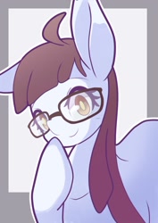 Size: 1191x1684 | Tagged: safe, artist:sc_kis_rko, derpibooru import, oc, oc only, oc:nanashi-chan, pony, bust, cute, female, glasses, gray background, looking at you, mare, simple background, smiling, smiling at you, solo