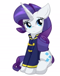 Size: 1800x2300 | Tagged: safe, artist:geraritydevillefort, derpibooru import, rarity, pony, unicorn, clothes, female, horn, looking at you, mare, rarifort, simple background, sitting, solo, the count of monte cristo, the count of monte rainbow, villefort, white background