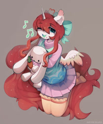 Size: 1280x1530 | Tagged: safe, artist:astralblues, derpibooru import, oc, oc only, alicorn, anthro, alicorn oc, anthro oc, bow, female, freckles, gray background, hair bow, looking at you, mare, music notes, one eye closed, open mouth, open smile, plushie, simple background, skirt, smiling, smiling at you, solo, stockings, thigh highs