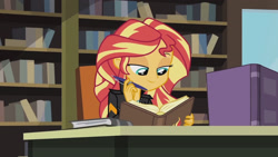 Size: 3410x1920 | Tagged: safe, derpibooru import, screencap, sunset shimmer, equestria girls, friendship games, book, clothes, female, jacket, leather, leather jacket, library, smiling, solo