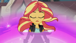 Size: 3410x1920 | Tagged: safe, derpibooru import, screencap, sunset shimmer, equestria girls, friendship games, canterlot high, clothes, eyes closed, female, jacket, leather, leather jacket, open mouth, solo