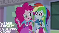 Size: 1280x720 | Tagged: safe, derpibooru import, edit, edited screencap, editor:quoterific, screencap, pinkie pie, rainbow dash, equestria girls, mirror magic, spoiler:eqg specials, clothes, crossed arms, cutie mark on clothes, duo, duo female, female, geode of sugar bombs, geode of super speed, jewelry, magical geodes, necklace, open mouth, smiling, text