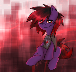 Size: 822x785 | Tagged: safe, artist:zeffdakilla, derpibooru import, oc, oc only, oc:frankie fang, pegasus, pony, abstract background, clothes, emo, flyleaf, looking at you, piercing, purple, red eyes, shirt, sitting, smiling, solo