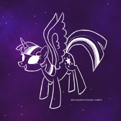 Size: 750x750 | Tagged: safe, artist:rlynn-art, derpibooru import, twilight sparkle, twilight sparkle (alicorn), alicorn, pony, eyelashes, female, lineart, mare, solo, space, stars, white eyes