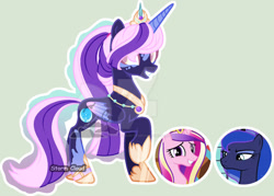 Size: 1024x735 | Tagged: safe, artist:stormcloud-yt, derpibooru import, princess cadance, princess luna, oc, alicorn, pony, base used, deviantart watermark, female, grin, hoof shoes, magical lesbian spawn, mare, obtrusive watermark, offspring, parent:princess cadance, parent:princess luna, peytral, smiling, watermark