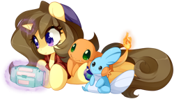 Size: 1766x1000 | Tagged: safe, artist:loyaldis, derpibooru import, oc, oc:astral flare, pony, unicorn, beanie, charmander, cute, flannel, game boy, hat, magic, mudkip, pokémon, simple background, smiling, telekinesis, transparent background