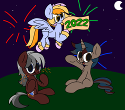 Size: 3029x2663 | Tagged: safe, artist:derpyalex2, derpibooru import, oc, oc only, earth pony, pegasus, pony, unicorn, 2022, banner, celebration, female, firecracker, fireworks, flying, grass, grass field, happy new year, holiday, male, mare, moon, night, simple background, sky, stallion, stars