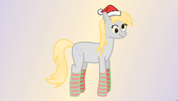 Size: 2922x1664 | Tagged: safe, artist:freestadiumtix, derpibooru import, derpy hooves, earth pony, pony, g4, christmas, clothes, cute, gradient background, hat, holiday, santa hat, socks, solo, striped socks, wingless