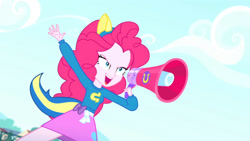 Size: 3410x1920 | Tagged: safe, derpibooru import, screencap, pinkie pie, eqg summertime shorts, equestria girls, steps of pep, clothes, cutie mark on clothes, female, high res, megaphone, open mouth, open smile, smiling, solo, wondercolts uniform