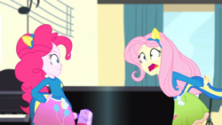 Size: 3410x1920 | Tagged: safe, derpibooru import, screencap, fluttershy, pinkie pie, eqg summertime shorts, equestria girls, steps of pep, clothes, cutie mark on clothes, duo, duo female, female, hand on hip, high res, megaphone, open mouth, smiling, wondercolts uniform