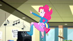 Size: 3410x1920 | Tagged: safe, derpibooru import, screencap, pinkie pie, eqg summertime shorts, equestria girls, steps of pep, boots, clothes, cutie mark on clothes, female, high res, megaphone, shoes, smiling, solo, wondercolts uniform