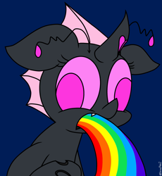 Size: 2527x2750 | Tagged: safe, artist:derpyalex2, derpibooru import, oc, oc only, changeling, pink changeling, puking rainbows, simple background, solo, vomit, vomiting