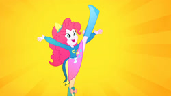 Size: 3410x1920 | Tagged: safe, derpibooru import, screencap, pinkie pie, eqg summertime shorts, equestria girls, steps of pep, boots, clothes, cutie mark on clothes, female, high res, open mouth, open smile, shoes, smiling, solo, wondercolts uniform