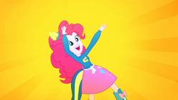 Size: 3410x1920 | Tagged: safe, derpibooru import, screencap, pinkie pie, eqg summertime shorts, equestria girls, steps of pep, boots, clothes, cutie mark on clothes, female, high res, open mouth, open smile, shoes, smiling, solo, wondercolts uniform